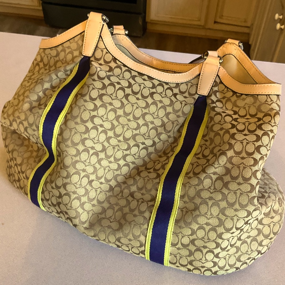 PRICE DROP!!! Gently pre owned Coach  with Navy & Yellow Stripes.
